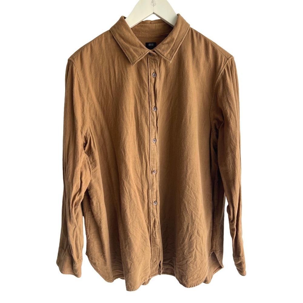 Uniqlo Womens 100% Cotton Flannel Button‎ Down Shirt Camel Brown 231-410396 - Picture 2 of 8